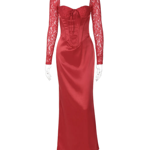 Load image into Gallery viewer, Solid Square Collar Long Sleeve Patchwork Bandage Zipper Sexy Maxi Dress Spring Elegant Outfits Evening Party Birthday
