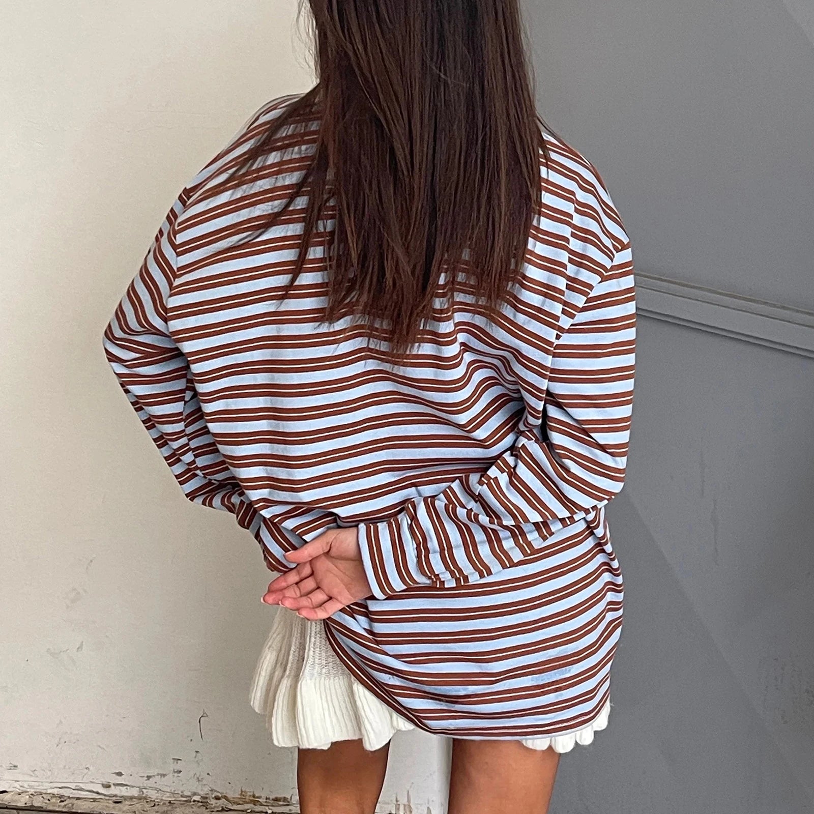 y2k Clothes Tops Women Fashion Striped Turn-down Collar Buttons Long Sleeve Loose T-shirts 2000s Clothing Streetwear