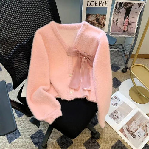 Load image into Gallery viewer, Sweet Pink Single Breasted Imitation Mink Sweater Jacket For Women&#39;s 2024 Autumn Winter New Bow Decorate Knit Cardigan Tops Chic
