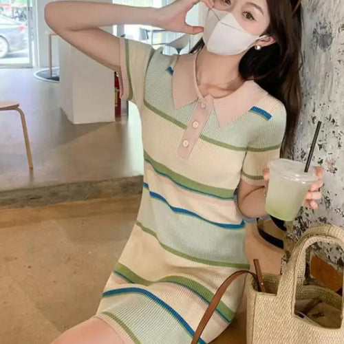 Load image into Gallery viewer, Korean Fashion Women New Beige Striped Single Breasted Knitted Mini Dress Spring Summer Short Sleeves Holiday Dress Casual Trend
