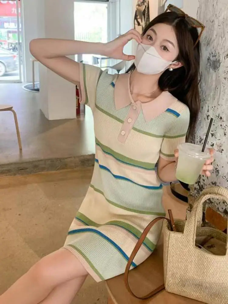 Korean Fashion Women New Beige Striped Single Breasted Knitted Mini Dress Spring Summer Short Sleeves Holiday Dress Casual Trend