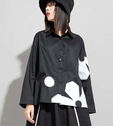 Women Black Flower Pattern Big Size Blouse New Lapel Long Sleeve Loose Fit Shirt Fashion Tide Spring Autumn 2025 1DE6302