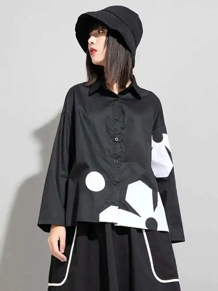 Women Black Flower Pattern Big Size Blouse New Lapel Long Sleeve Loose Fit Shirt Fashion Tide Spring Autumn 2025 1DE6302