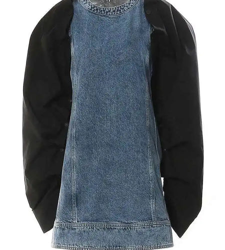 Women Blue Denim Button Many Ways Wear Dress New Round Neck Long Sleeve Loose Fit Fashion Tide Spring Autumn 2025 17A8518