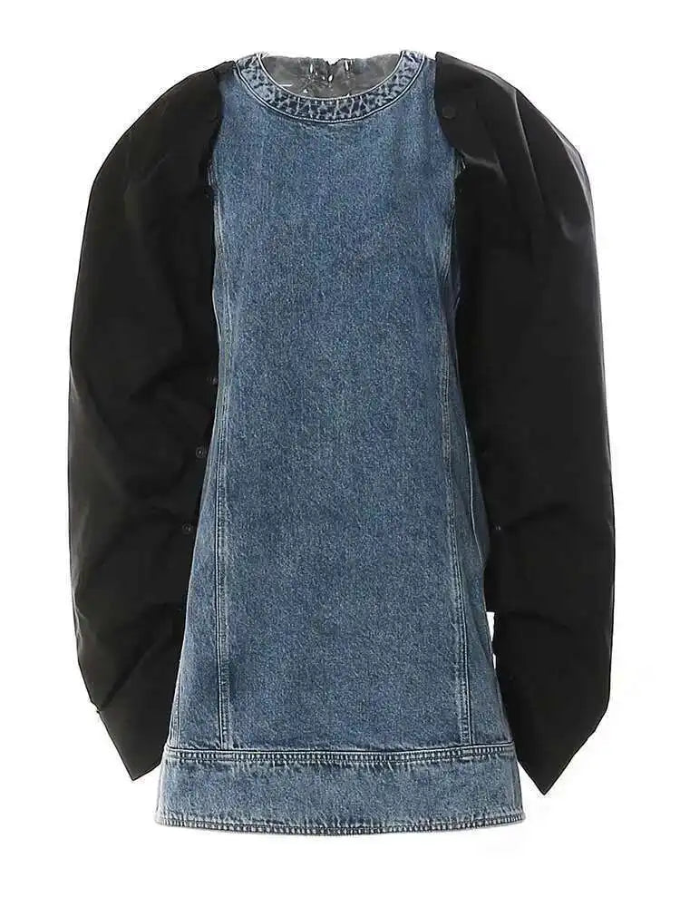 Women Blue Denim Button Many Ways Wear Dress New Round Neck Long Sleeve Loose Fit Fashion Tide Spring Autumn 2025 17A8518