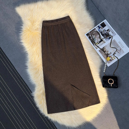 Load image into Gallery viewer, French Vintage Women Solid Drawstring Lace-up Knitted Long Skirt 2024 Autumn Winter Elegant High Waist Vacation Straight Skirts
