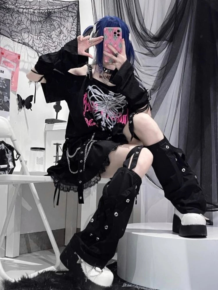 Y2k Aesthetic Black T Shirt Women Harajuku Off Shoulder Skull Print Gothic Graphic  Shirts Japanese Punk Grunge Streetwear ee