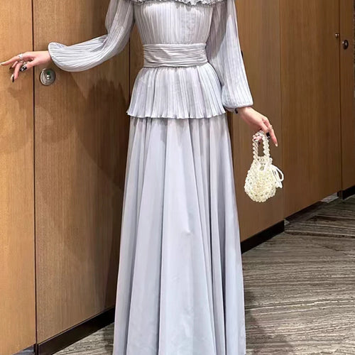 Load image into Gallery viewer, Solid Spliced Ruffles Loose Dresses For Women O Neck Long Sleeve High Waist Temperament Long Dress Female Fashion
