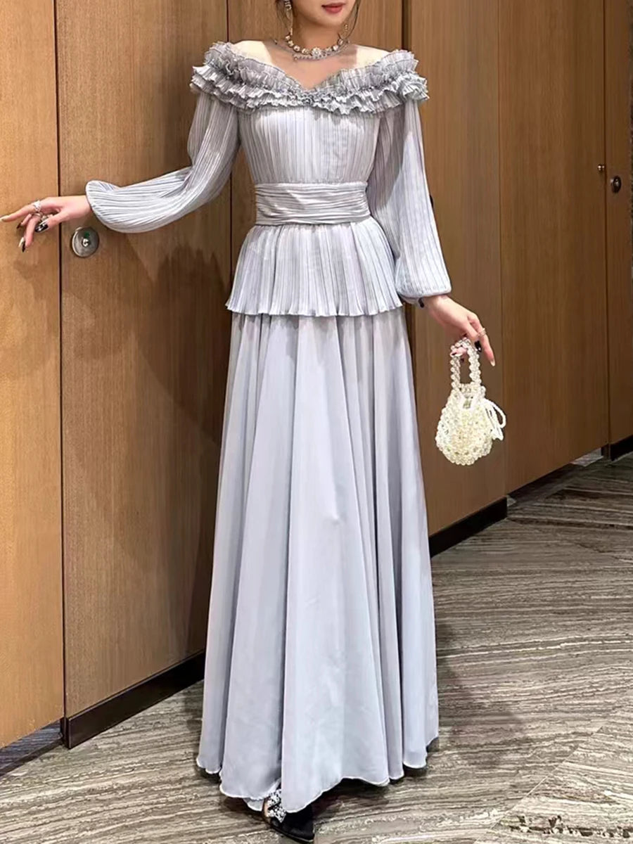 Solid Spliced Ruffles Loose Dresses For Women O Neck Long Sleeve High Waist Temperament Long Dress Female Fashion