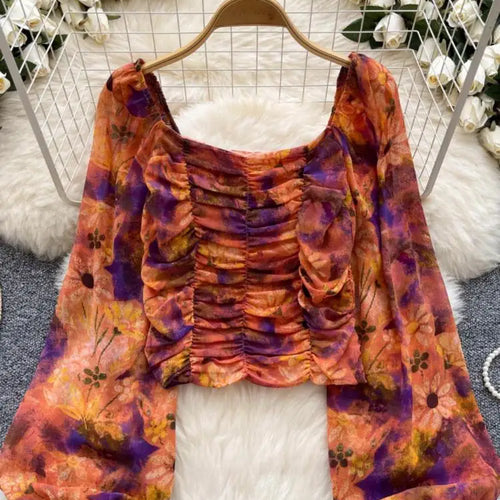 Load image into Gallery viewer, French Woman Plaid Long Sleeve Shirt Autumn Square Collar Slim Ladies Print Blouse Fashion Vintage Backless Short Pleated Tops
