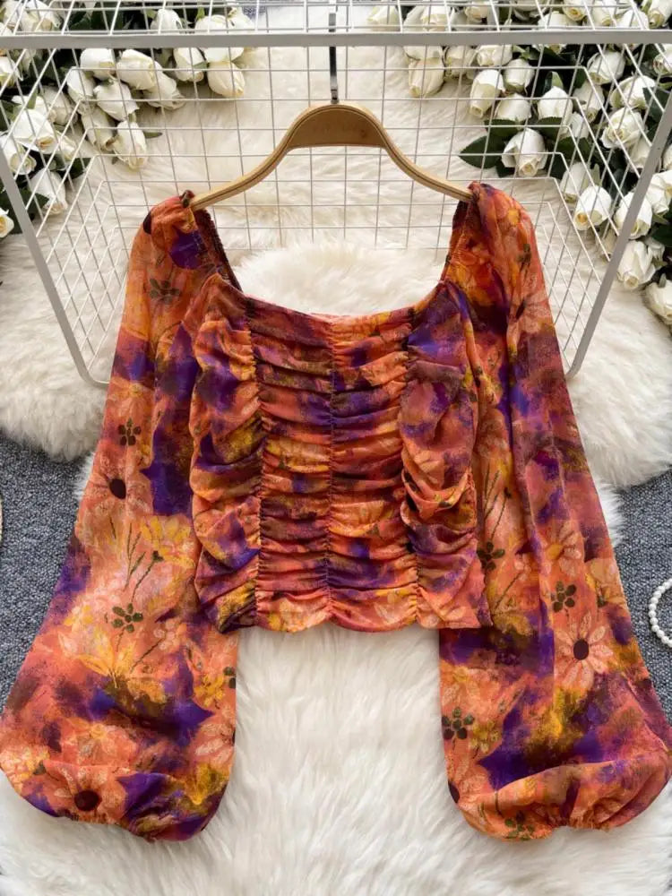 French Woman Plaid Long Sleeve Shirt Autumn Square Collar Slim Ladies Print Blouse Fashion Vintage Backless Short Pleated Tops