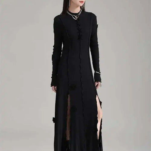 Load image into Gallery viewer, Women Black Flower Elegant Slit Long Dress New Turtleneck Long Sleeve Loose Fit Fashion Tide Spring Autumn 2025 1DH1870
