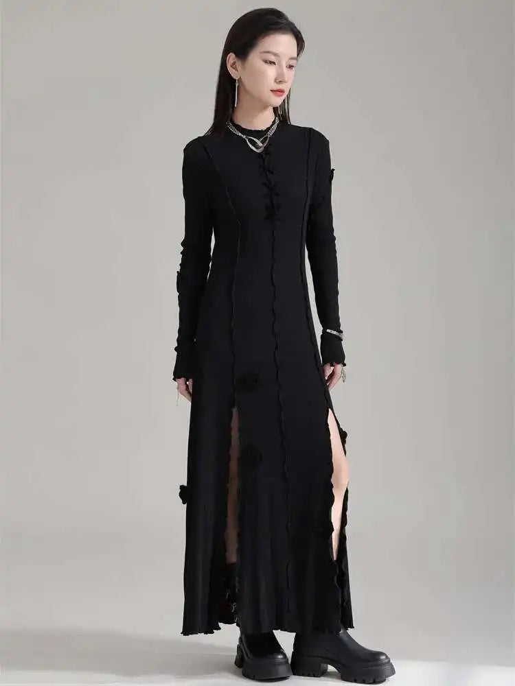 Women Black Flower Elegant Slit Long Dress New Turtleneck Long Sleeve Loose Fit Fashion Tide Spring Autumn 2025 1DH1870