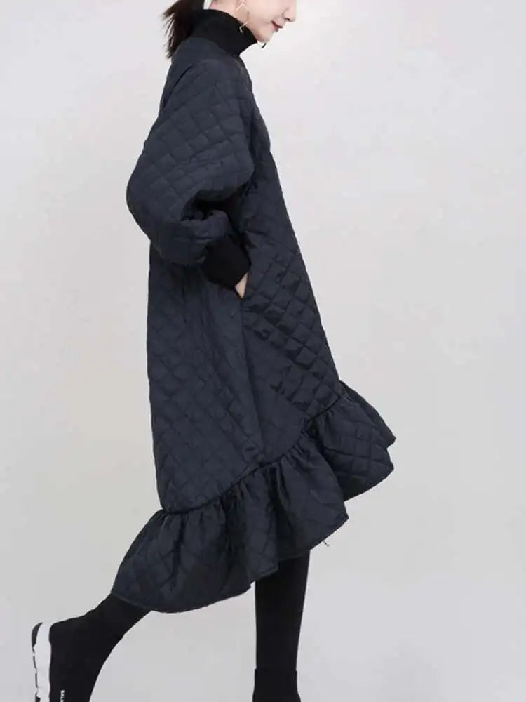 Women Black Cotton-padded Ruffles Dress New Turtleneck Long Sleeve Loose Fit Fashion Tide Autumn Winter 2025 1M9310