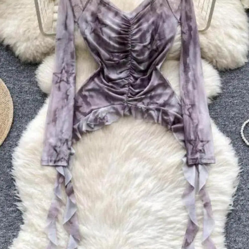 Load image into Gallery viewer, Vintage 2024 Autumn New Fashion Print Ruffle Edge Mesh Tops Korean Women's V Neck Slim Long Sleeved Asymmetrical Pleated T-shirt
