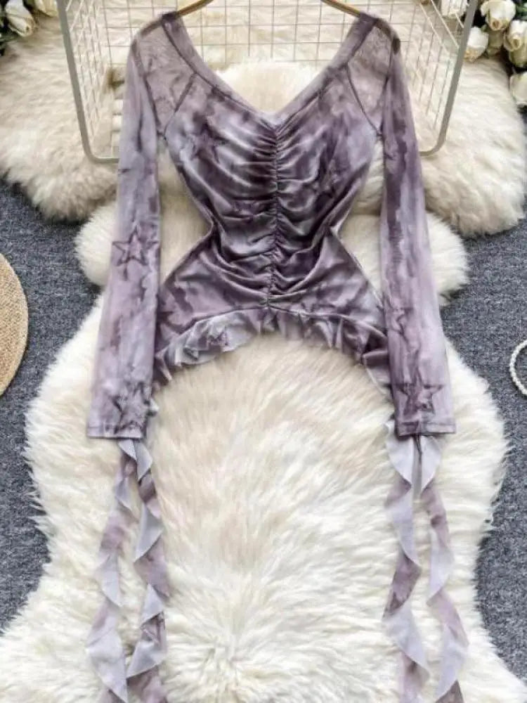 Vintage 2024 Autumn New Fashion Print Ruffle Edge Mesh Tops Korean Women's V Neck Slim Long Sleeved Asymmetrical Pleated T-shirt