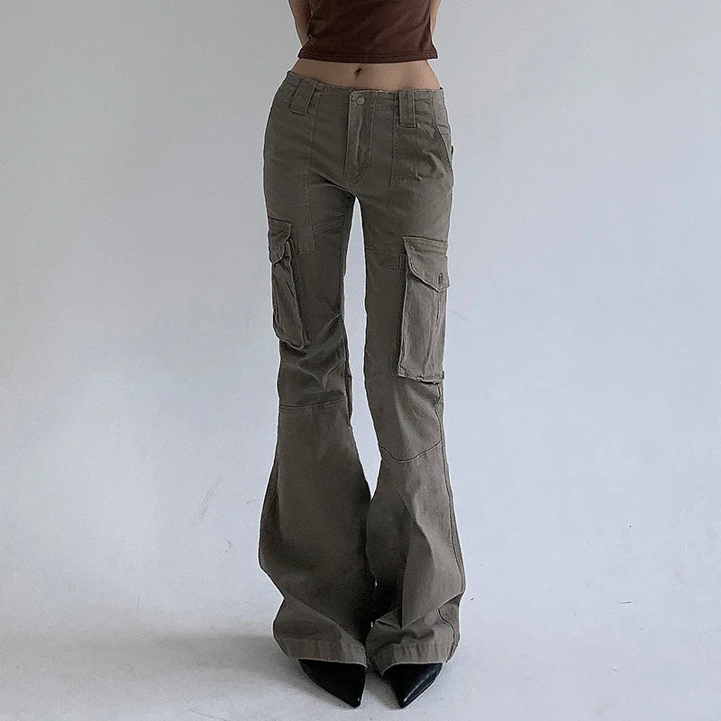 Y2K Aesthetic Vintage Skinny Flare Pants Low Waist Stitched Pokcets Chic Fashion Boot Cut Trousers Jeans Denim Bottom