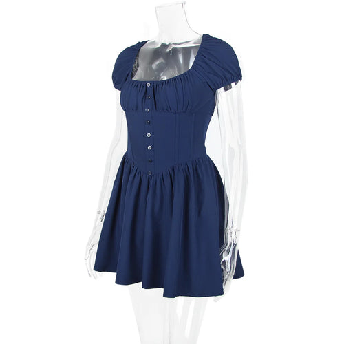 Load image into Gallery viewer, Square Collar Pleated Mini Dress For Women Navy Blue Fashion Short Sleeve Backless A-line Club Party Sexy Dress Elegant
