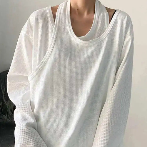 Load image into Gallery viewer, Women White Irregular False Two Big Size Casual T-shirt New Round Neck Long Sleeve Fashion Tide Spring Autumn 2025 1DF8508
