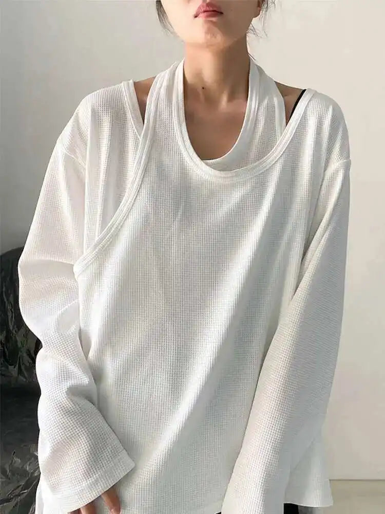 Women White Irregular False Two Big Size Casual T-shirt New Round Neck Long Sleeve Fashion Tide Spring Autumn 2025 1DF8508