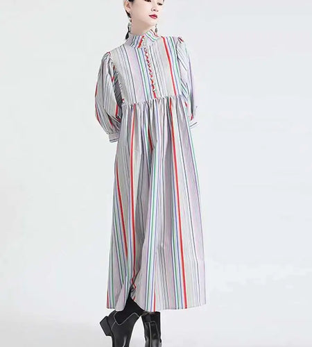 Women Striped Spliced Long Shirt Dress New Stand Collar Three-quarter Sleeve Loose Fit Fashion Spring Autumn 2025 1DE0219