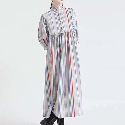 Load image into Gallery viewer, Women Striped Spliced Long Shirt Dress New Stand Collar Three-quarter Sleeve Loose Fit Fashion Spring Autumn 2025 1DE0219
