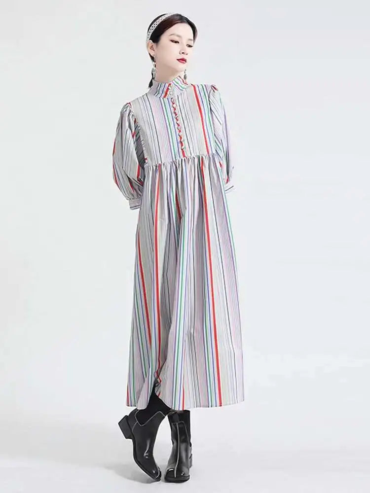 Women Striped Spliced Long Shirt Dress New Stand Collar Three-quarter Sleeve Loose Fit Fashion Spring Autumn 2025 1DE0219
