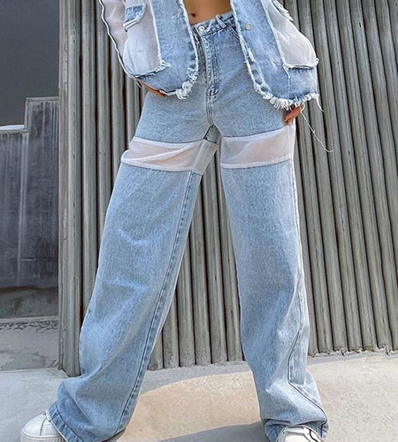 Denim Wide Leg Pants For Women High Waist Patchwork Pocket Casual Loose Jeans Female Fashion Style Clothing