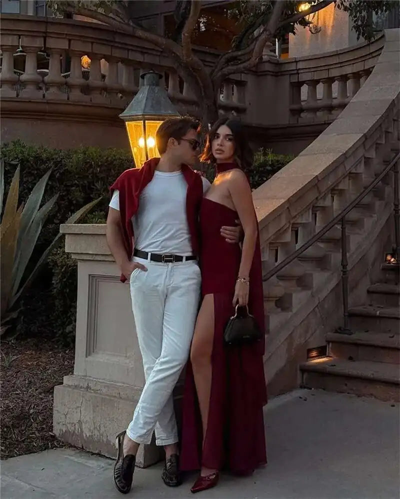 Elegant Strapless Sexy Maxi Dress For Women Gown With Scarf Off-shoulder Sleeveless Backless Split Beach Long Dress