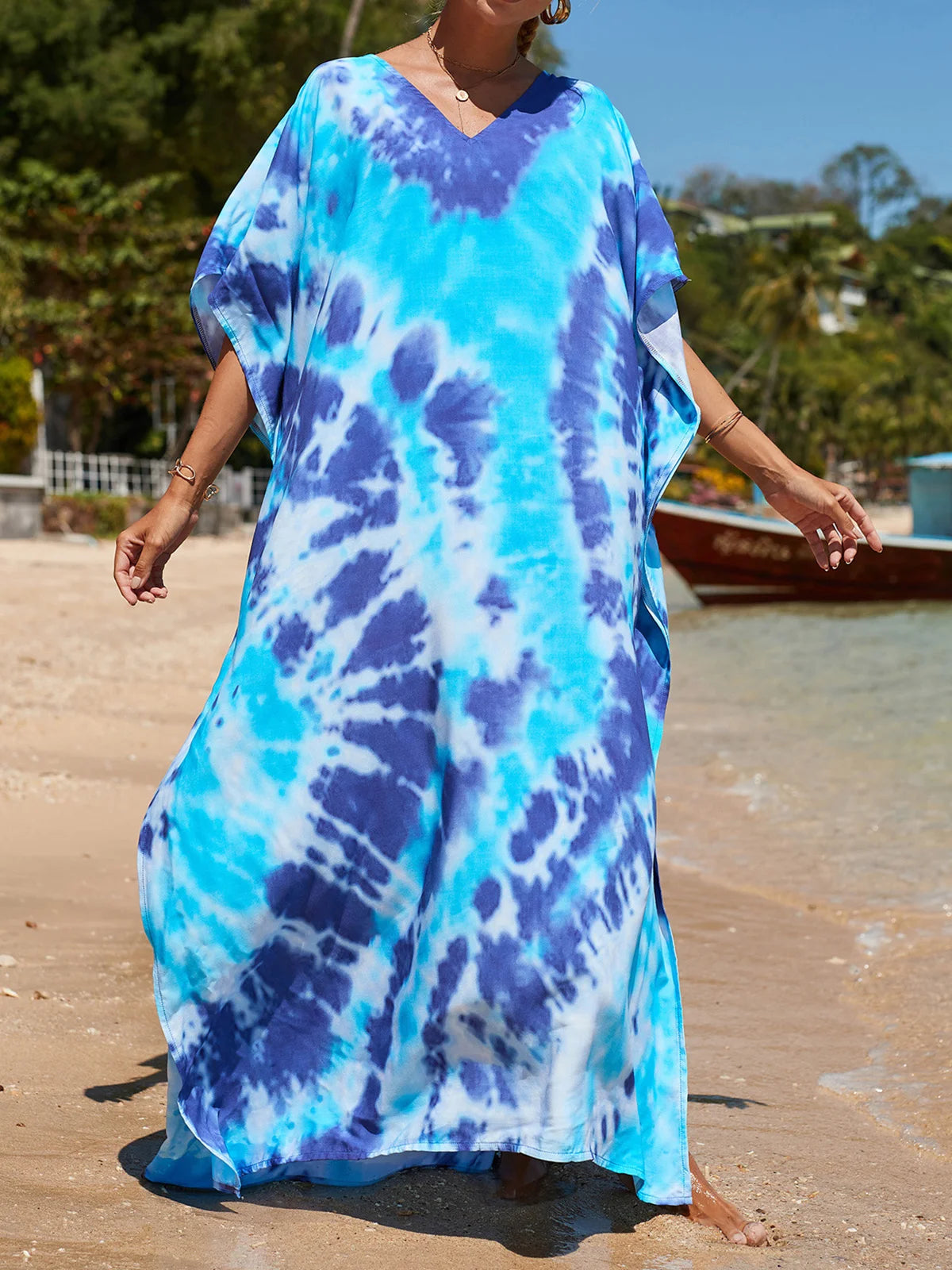 Colorful Kaftan Tunic Beach Cover Up Cover-ups Beach Dress Beach Wear Beachwear Loose Maxi Dress Female Women V4428