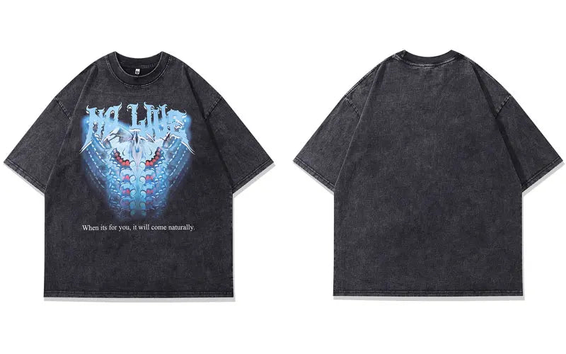 Men Vintage T-Shirt Retro Butterfly Graphic Print Black Washed Tshirt Streetwear 2024 Hip Hop Harajuku Loose Punk Cotton Tops