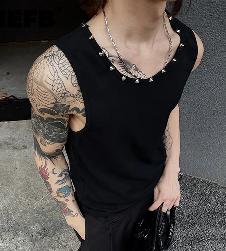 Men's T-shirts Sleeveless New Summer Nail Drill Design Loose Round Neck Trendy Solid Color Simple Male Clothing 9W1728