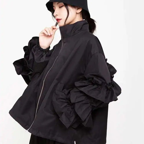 Load image into Gallery viewer, Loose Fit Black Ruffles Stitch Big Size Jacket New Lapel Long Sleeve Women Coat Fashion Tide Spring Autumn 2025 1B894
