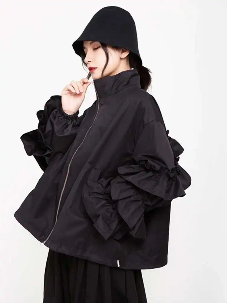 Loose Fit Black Ruffles Stitch Big Size Jacket New Lapel Long Sleeve Women Coat Fashion Tide Spring Autumn 2025 1B894