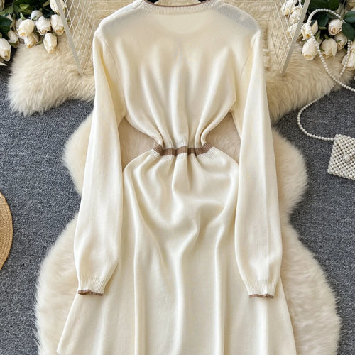 Load image into Gallery viewer, Korean Beige Patchwork Slim Long Sleeve Knitting Midi Dress Women Autumn Winter Round Neck High Waist Elegant Sweater Dress Chic
