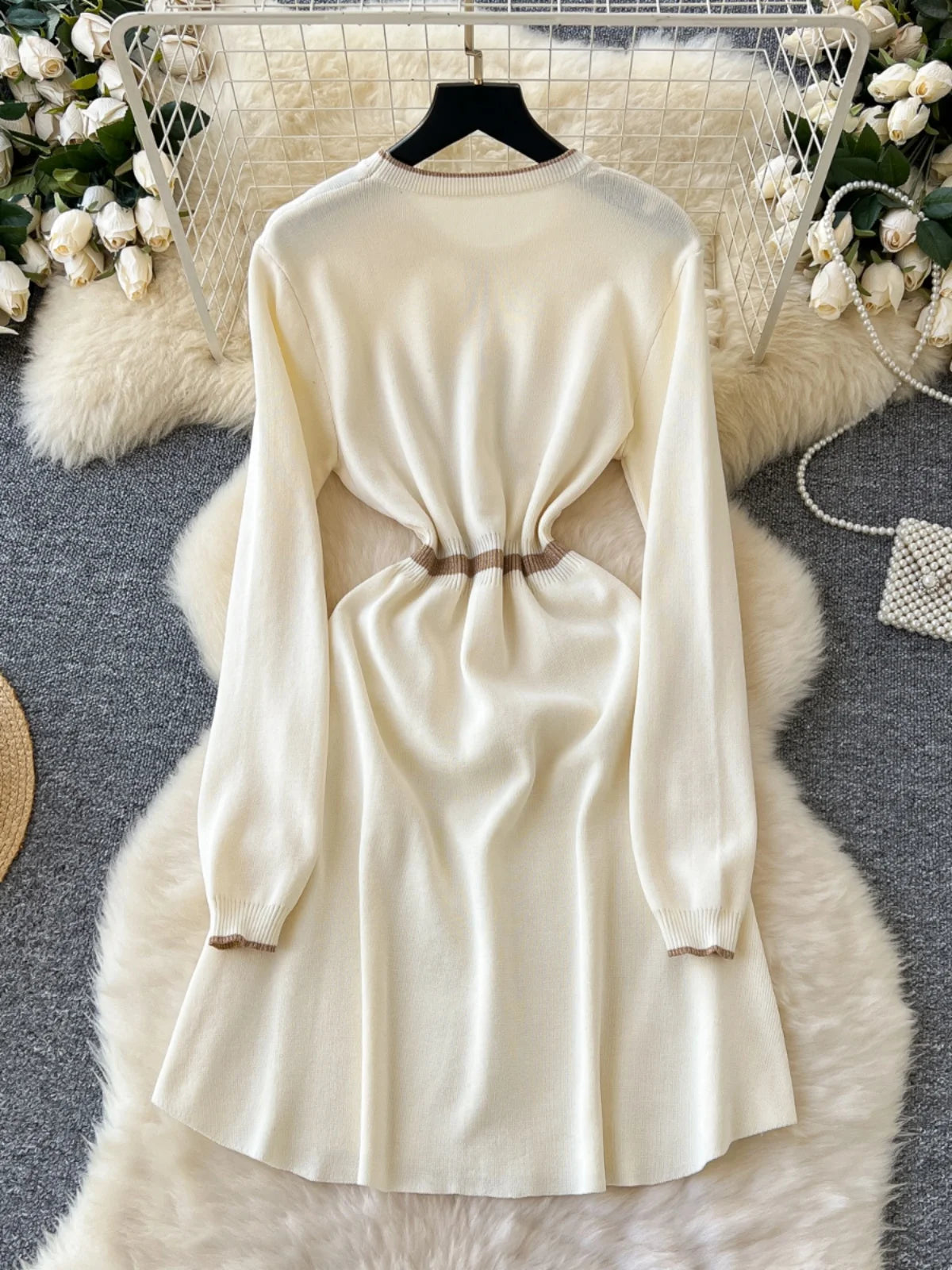 Korean Beige Patchwork Slim Long Sleeve Knitting Midi Dress Women Autumn Winter Round Neck High Waist Elegant Sweater Dress Chic