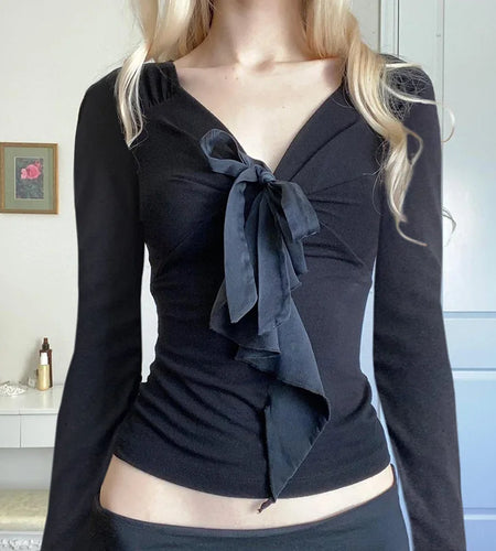 Chic Black Y2K Spring Autumn T-shirts for Women Clothes Slim Front Tie-Up Bow Kawaii Top Tee Fold Preppy Style Girls