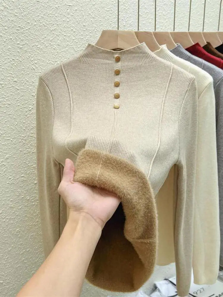 Autumn Winter Korean Fashion Solid Half High Neck Single Breasted Velvet Knit Sweater Women Slim Warm Long Sleeve Pullovers Tops