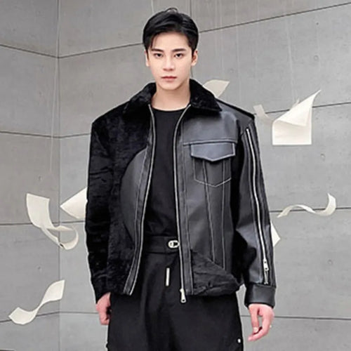 Load image into Gallery viewer, Personalized Men&#39;s Cotton Jackets Casual PU Leather Patchwork Fur Thick Outdoor Niche Design Male Padded Clothing 9C8958
