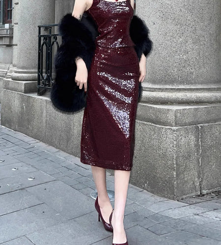 Solid Spliced Sequines Slimming Dresses For Women Square Neck Sleeveless High Waist Temperament Dress Female New