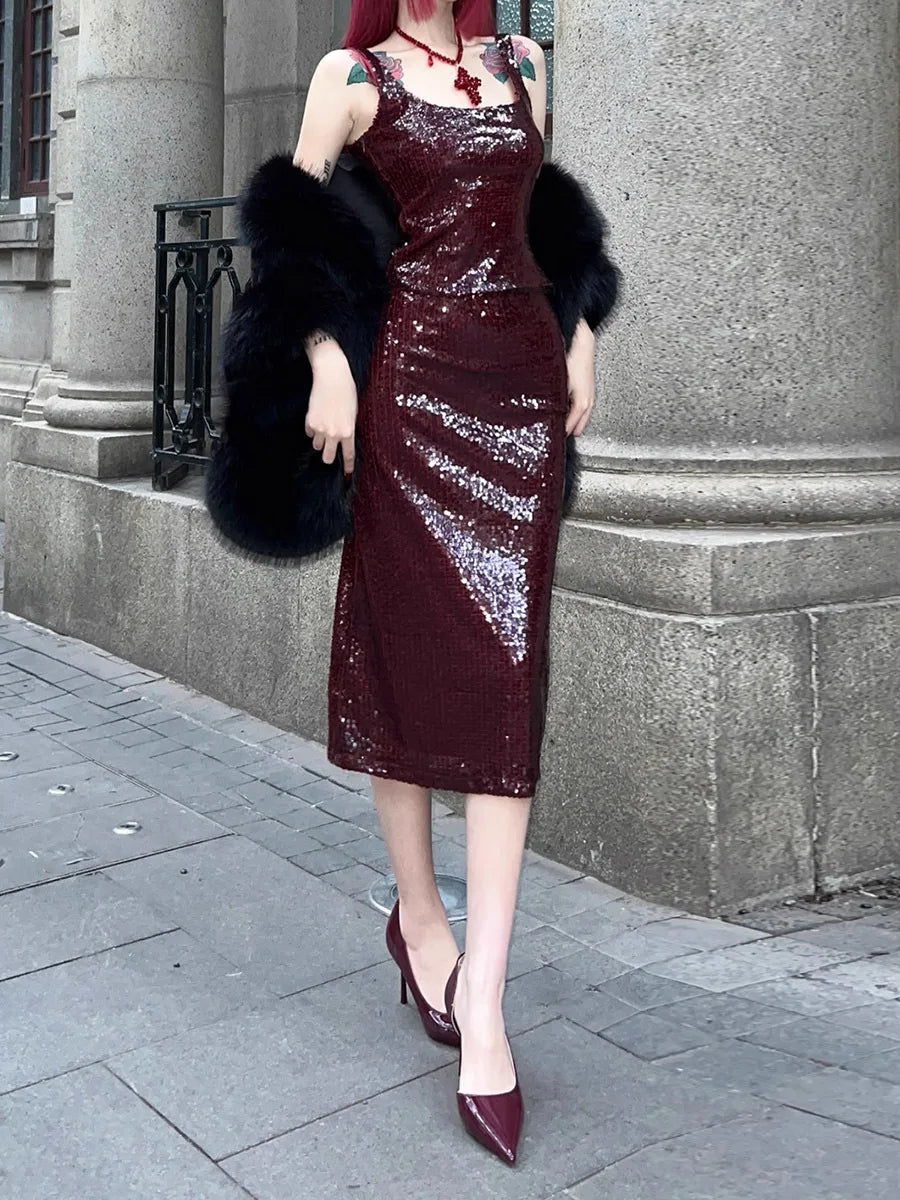 Solid Spliced Sequines Slimming Dresses For Women Square Neck Sleeveless High Waist Temperament Dress Female New