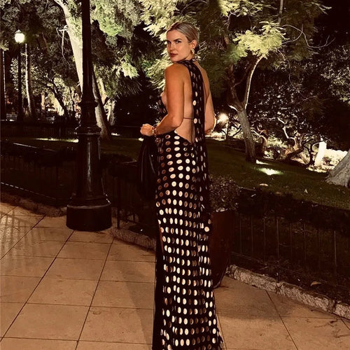 Load image into Gallery viewer, Round Plaid Printed Maxi Dress For Women Gown Halter Off-shoulder Sleeveless Backless Evening Club Long Dress Elegant
