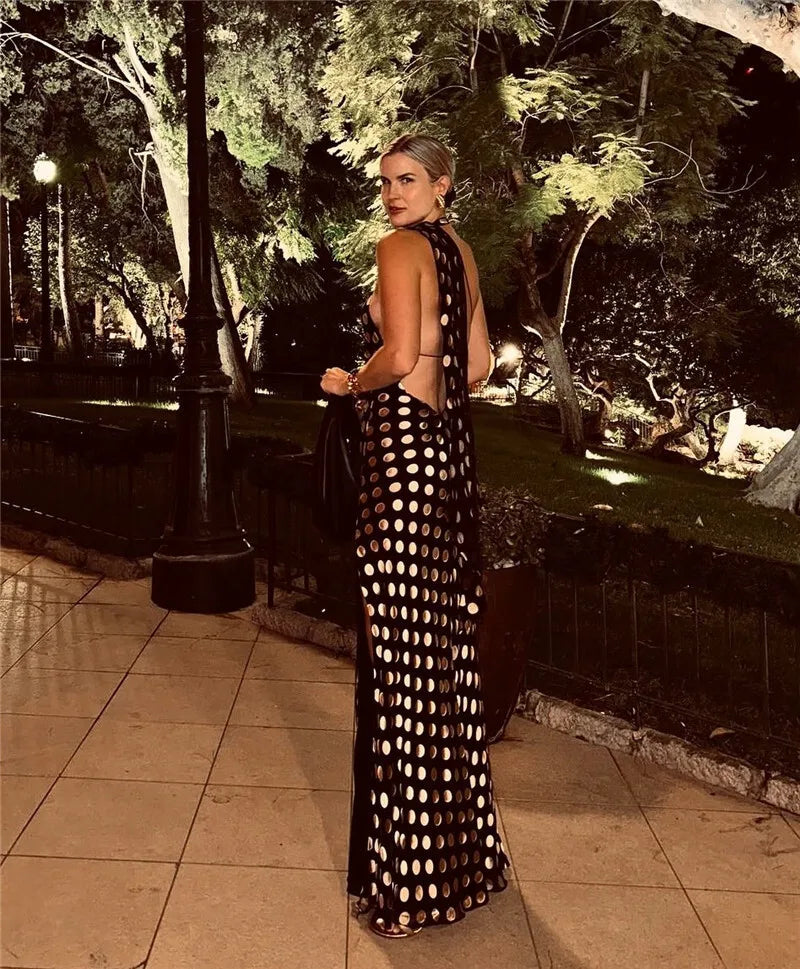 Round Plaid Printed Maxi Dress For Women Gown Halter Off-shoulder Sleeveless Backless Evening Club Long Dress Elegant