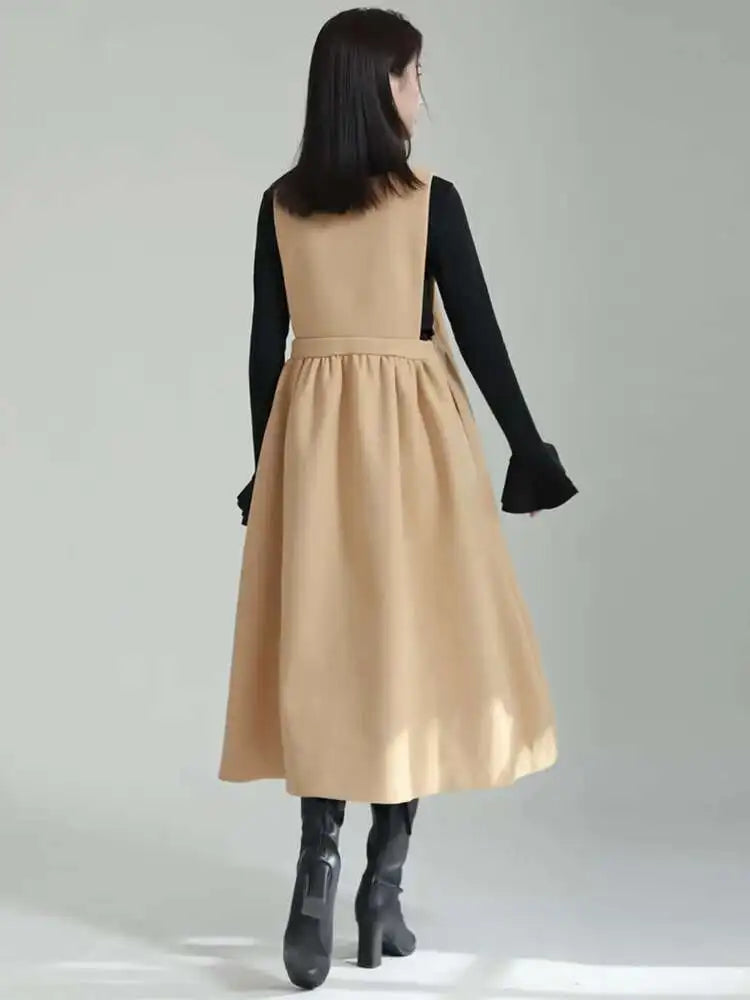 Women Gray Bow Bandage Spliced Long Elegant Woolen Dress New Sleeveless Loose Fit Fashion Tide Autumn Winter 2025 1DF3527