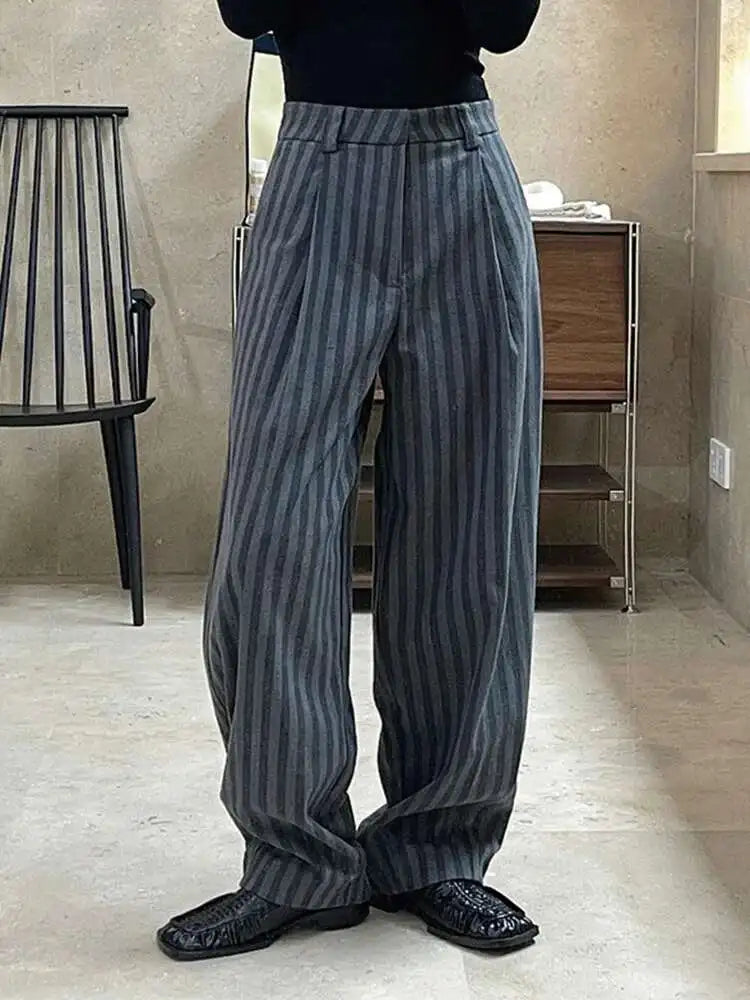 High Waist Gray Striped Pleated Long Casual Pants New Loose Fit Trousers Women Fashion Tide Spring Autumn 2025 1DF4435