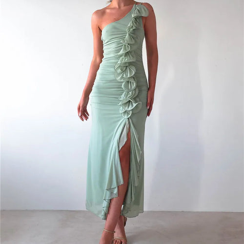 Load image into Gallery viewer, One Shoulder Draped Ruffle Maxi Dress Women Gown Fashion Diagonal Collar Backless Sleeveless Split Long Dress Elegant
