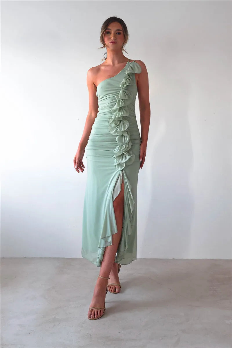 One Shoulder Draped Ruffle Maxi Dress Women Gown Fashion Diagonal Collar Backless Sleeveless Split Long Dress Elegant