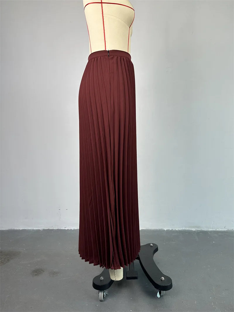 Fashion Skirt Two Piece Sets Women Notched Collar Sleeveless Crop Tops And Midi Skirt Femme Elegant Pleated Skirt Sets