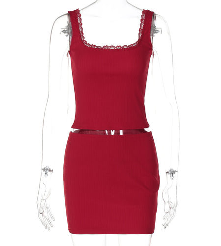 Casual 2 Pcs Sets Ribbed Solid Patchwork Lace Sexy Crop Tank Top Skirt Summer Women Y2K Outfits Party Festival