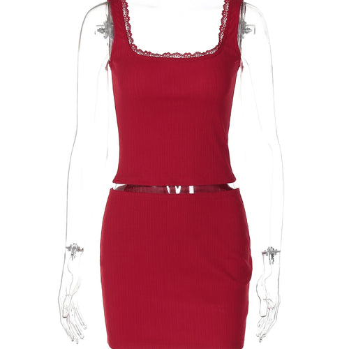 Load image into Gallery viewer, Casual 2 Pcs Sets Ribbed Solid Patchwork Lace Sexy Crop Tank Top Skirt Summer Women Y2K Outfits Party Festival
